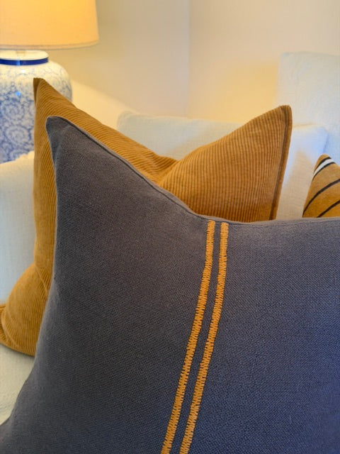 Cushion - Midnight blue with Mustard Stripe